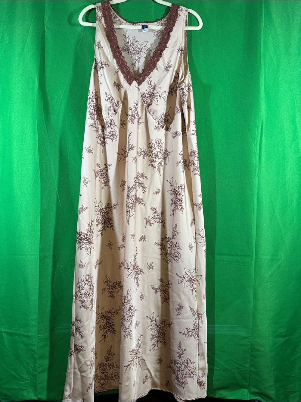 Old Navy Beige Maxi Dress with Brown Floral Print and Lace Trim